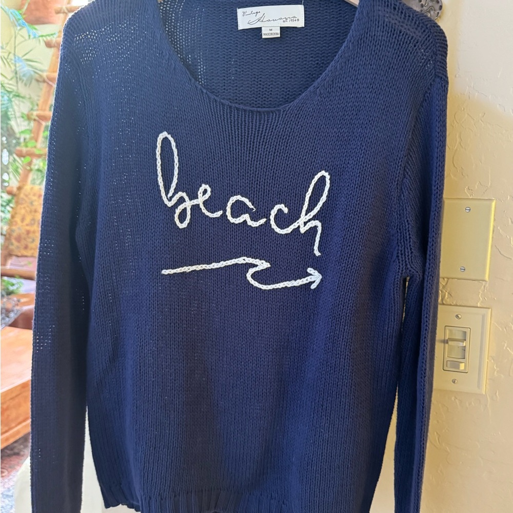 Vintage Navy Crewneck Sweater with White 'beach' Script and Arrow